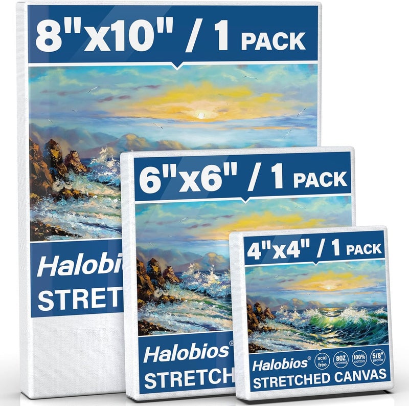 Halobios لوحات قماشية مشدودة للرسم بأحجام 4×4 بوصة، 6×6 بوصة، 8×10 بوصة، 3 عبوات من اللوحات القماشية الفارغة للرسم بالأكريليك والزيوت ووسائط الرسم الأخرى، بروفايل 5/8 بوصة قماش فني 100% قطن مؤطر - Image 1